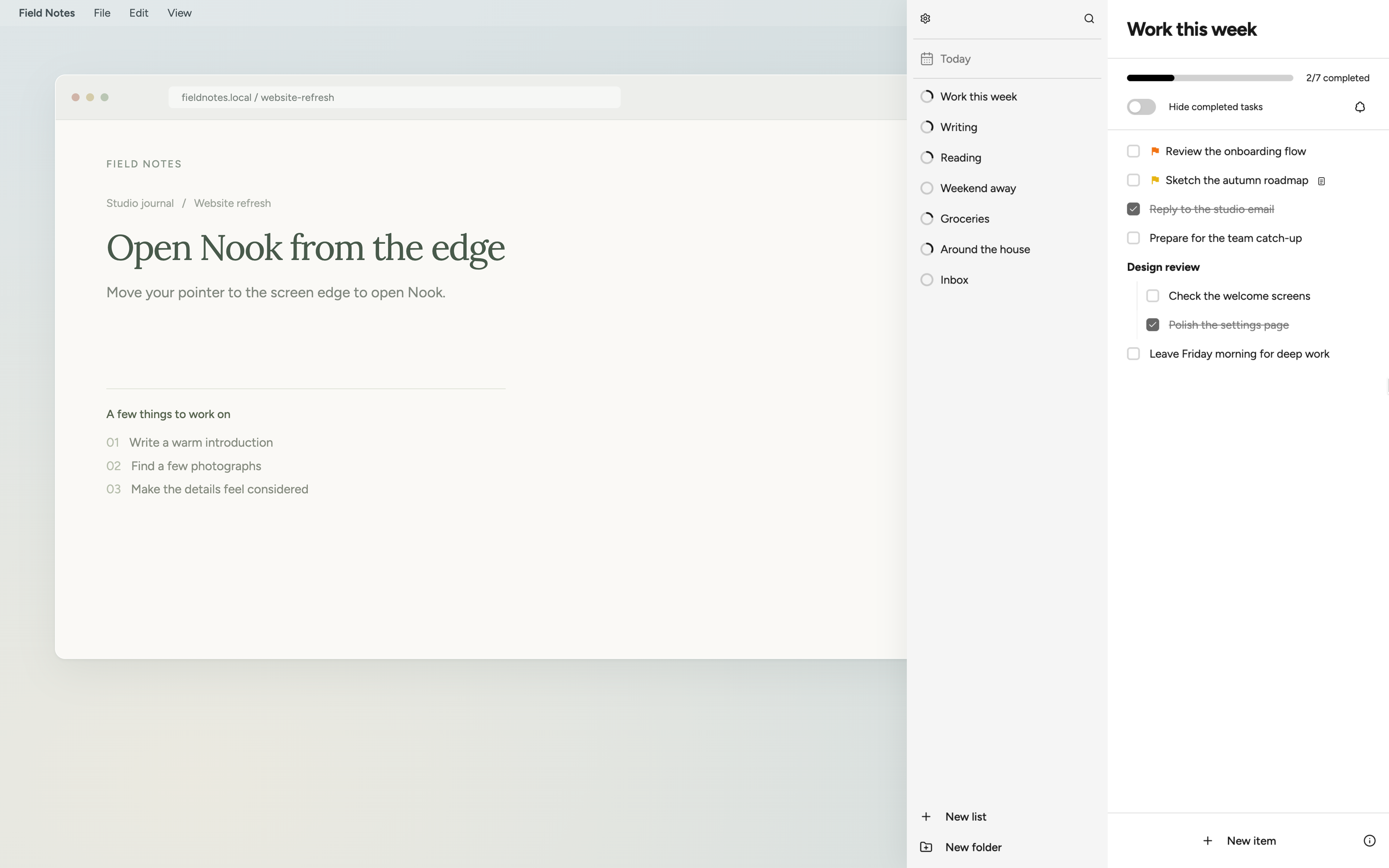 Nook open on the right side of an example desktop, next to another window.