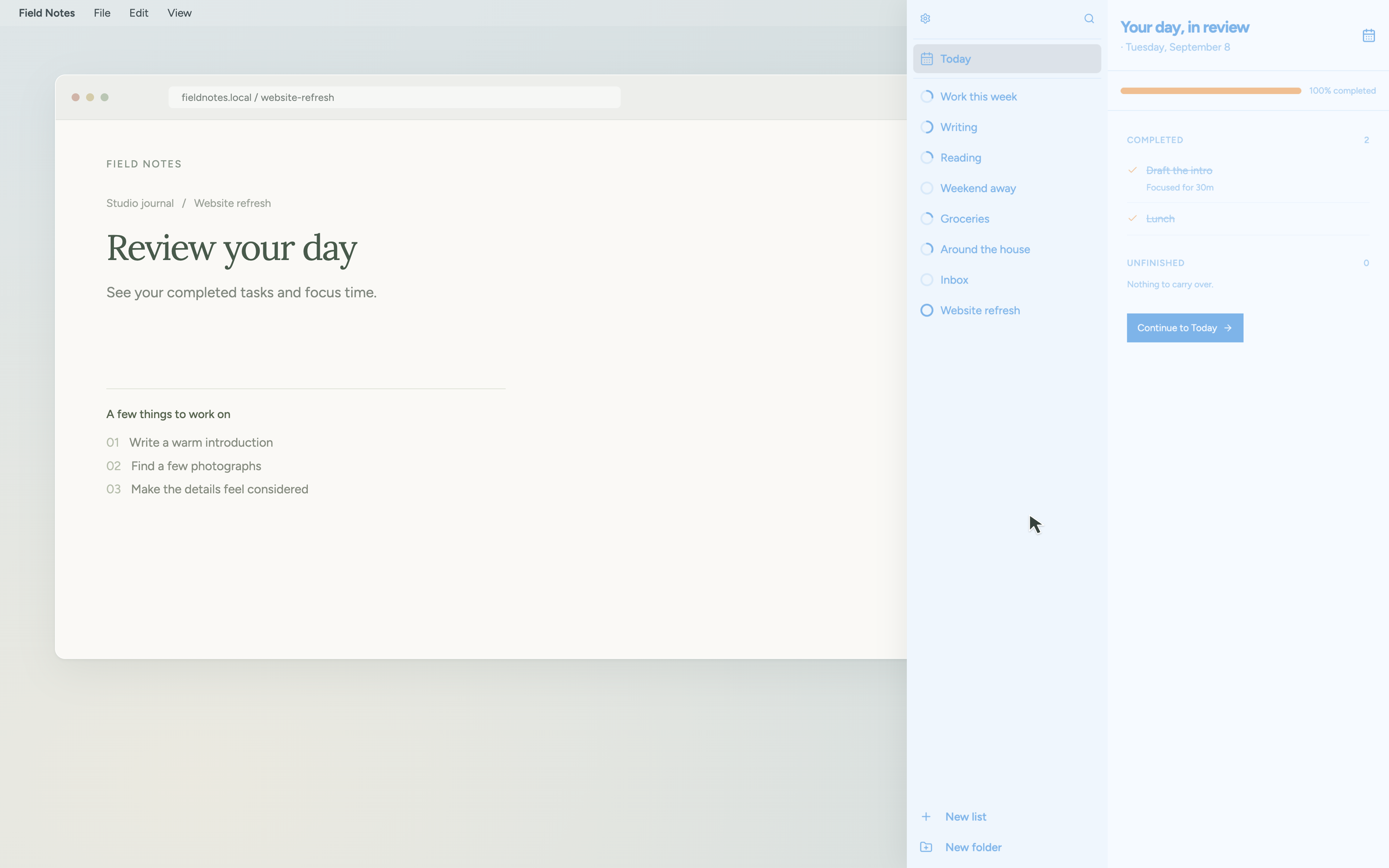 Daily review showing 100 percent completed, two completed tasks, and no unfinished tasks.