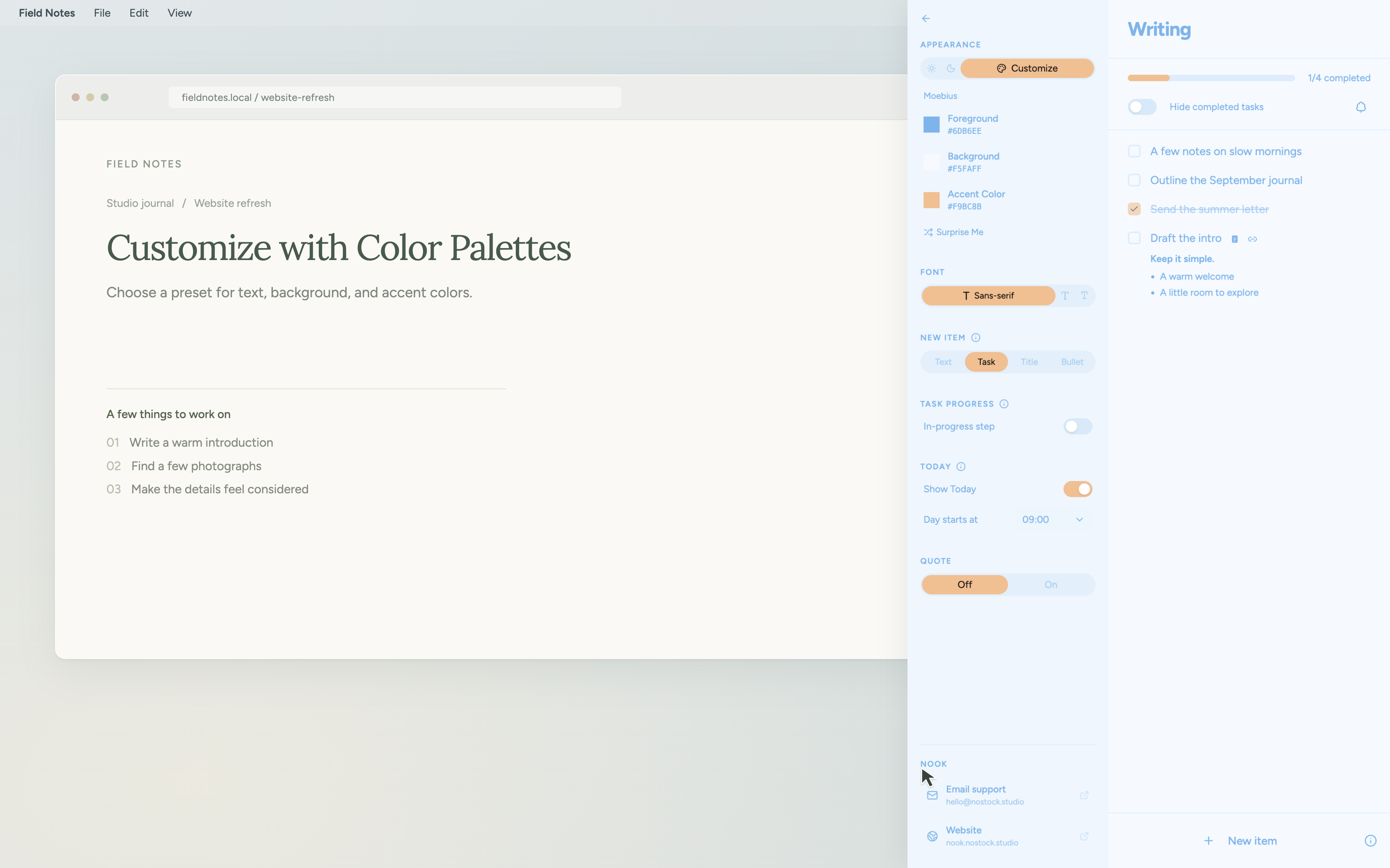Settings showing the Moebius skin, font options, default item type, Today start time, and quote visibility.