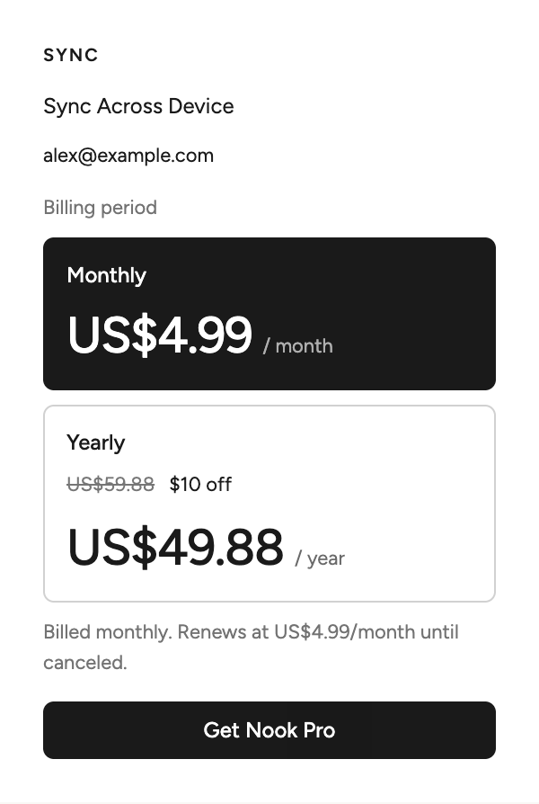 Desktop Sync: billing period and Get Nook Pro