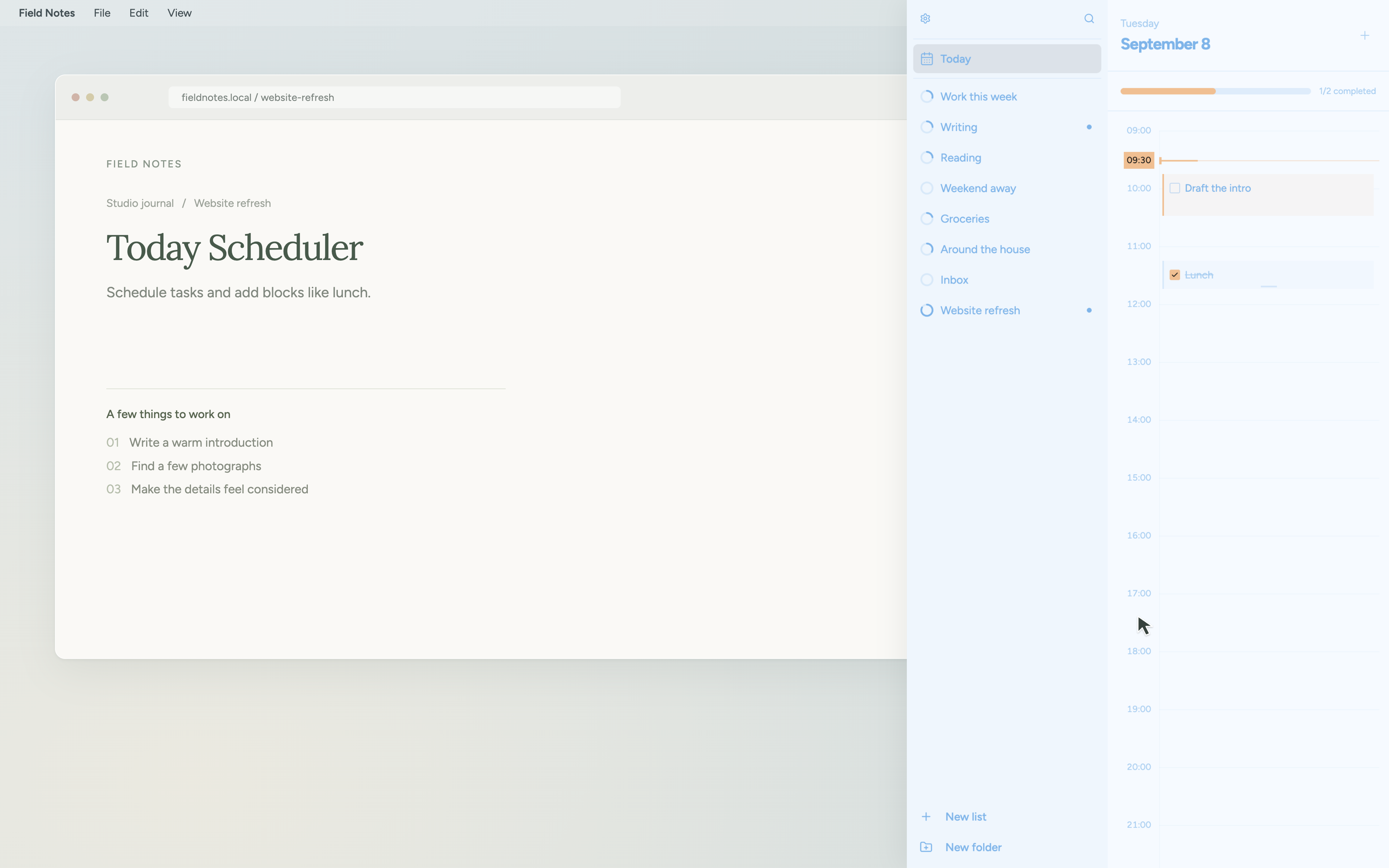 Today timeline with an unfinished Draft the intro block, a completed Lunch block, and a current-time line at 09:30.